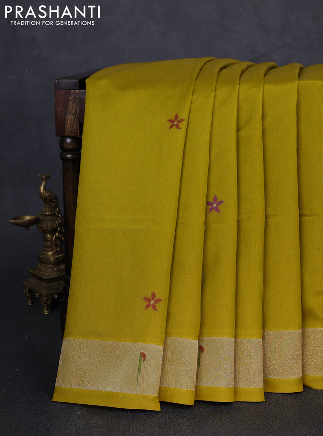 Semi paithani saree mustard green with floral thread woven buttas and paithani pallu