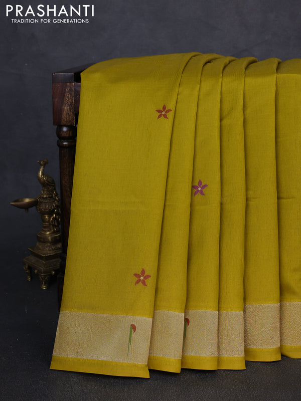 Semi paithani saree mustard green with floral thread woven buttas and paithani pallu