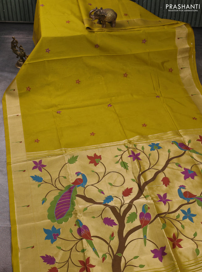Semi paithani saree mustard green with floral thread woven buttas and paithani pallu