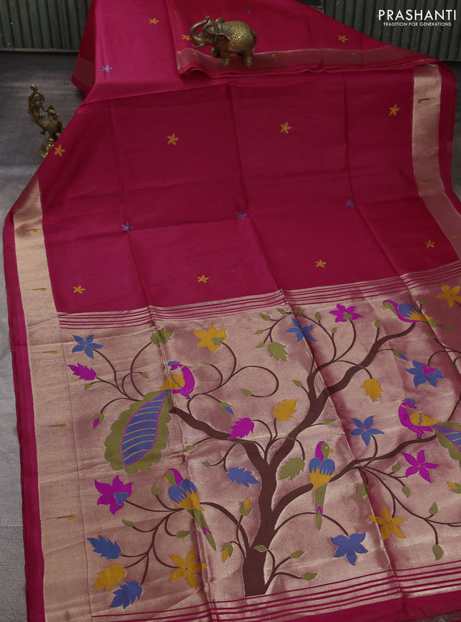 Semi paithani saree red with floral thread woven buttas and paithani pallu