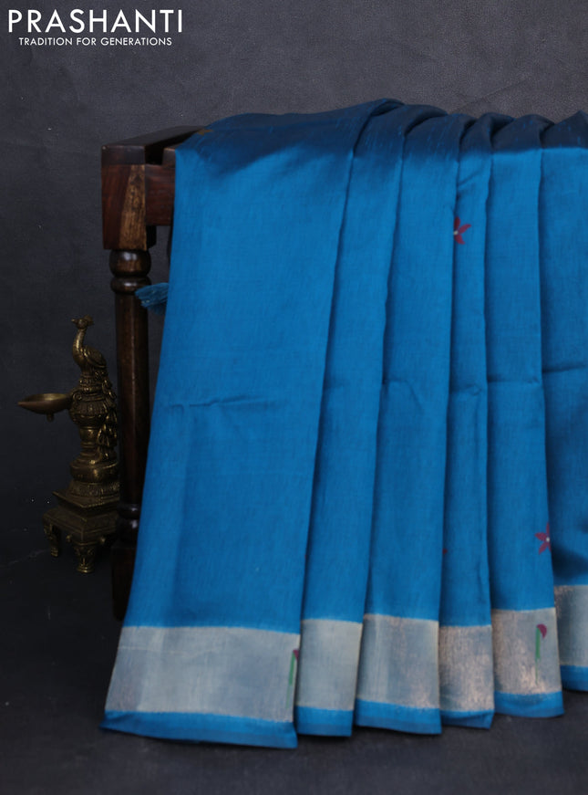 Semi paithani saree peacock blue with floral thread woven buttas and paithani pallu