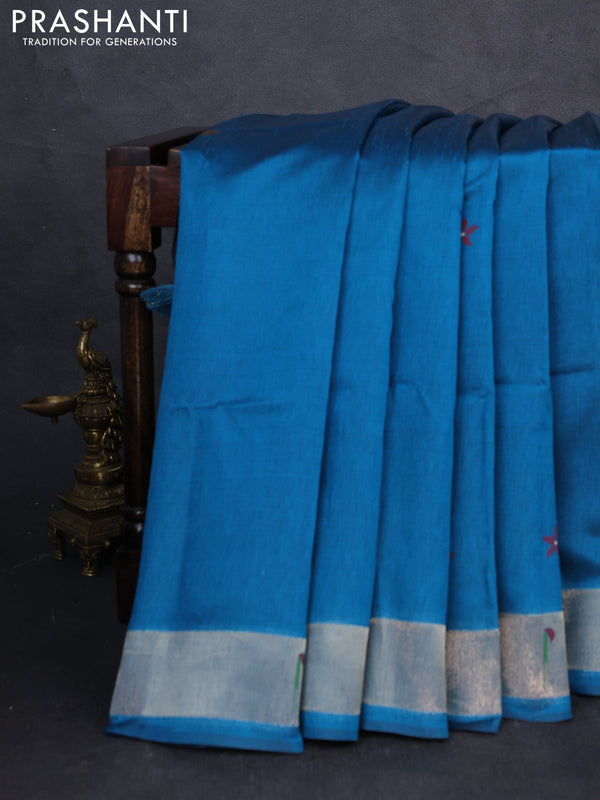 Semi paithani saree peacock blue with floral thread woven buttas and paithani pallu