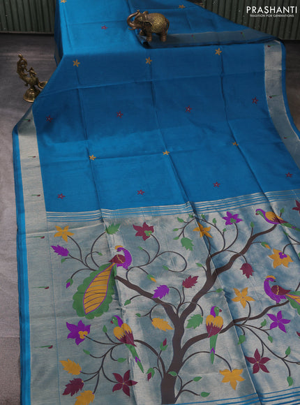 Semi paithani saree peacock blue with floral thread woven buttas and paithani pallu