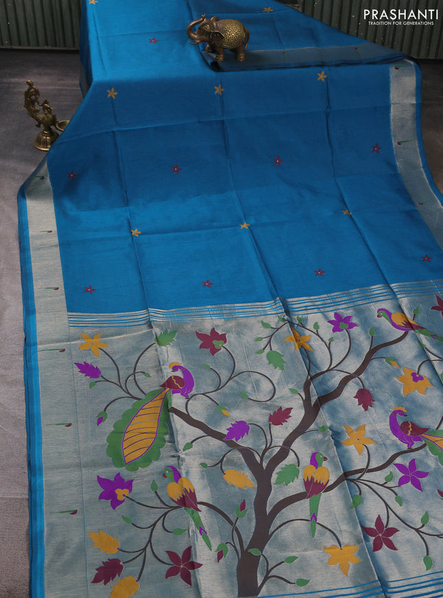 Semi paithani saree peacock blue with floral thread woven buttas and paithani pallu
