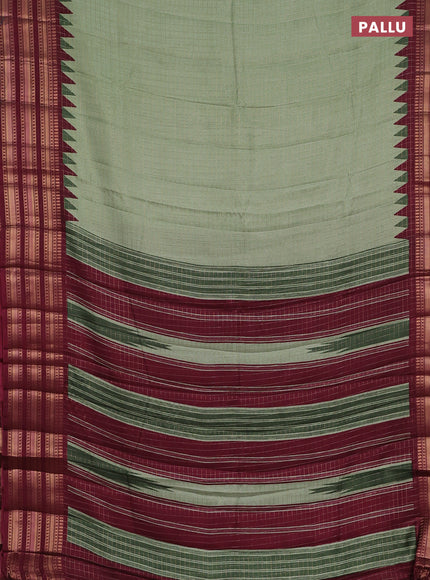 Semi raw silk saree pastel green and maroon with allover zari checked pattern and temple design zari woven border