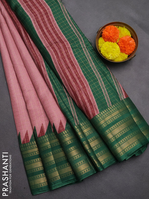 Semi raw silk saree mauve pink and green with allover zari checked pattern and temple design zari woven border