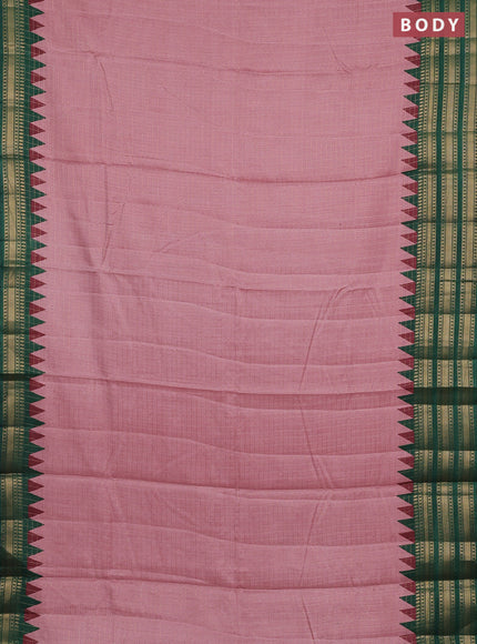 Semi raw silk saree mauve pink and green with allover zari checked pattern and temple design zari woven border