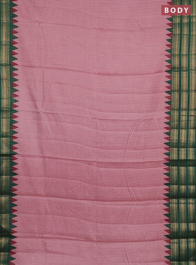 Semi raw silk saree mauve pink and green with allover zari checked pattern and temple design zari woven border