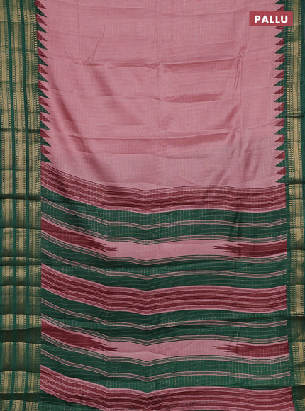 Semi raw silk saree mauve pink and green with allover zari checked pattern and temple design zari woven border