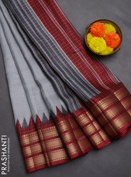 Semi raw silk saree grey and maroon with allover zari checked pattern and temple design zari woven border