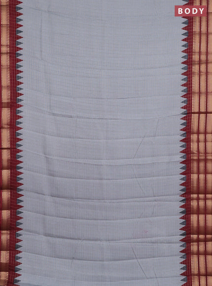 Semi raw silk saree grey and maroon with allover zari checked pattern and temple design zari woven border