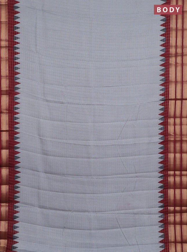 Semi raw silk saree grey and maroon with allover zari checked pattern and temple design zari woven border