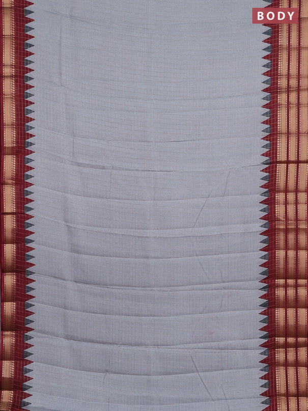 Semi raw silk saree grey and maroon with allover zari checked pattern and temple design zari woven border