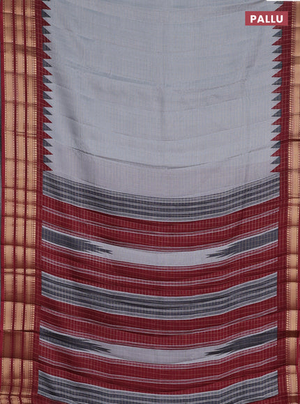 Semi raw silk saree grey and maroon with allover zari checked pattern and temple design zari woven border