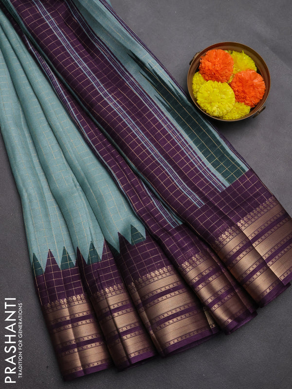 Semi raw silk saree teal green and deep purple with allover zari checked pattern and temple design zari woven border