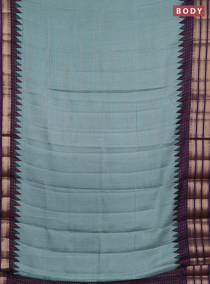 Semi raw silk saree teal green and deep purple with allover zari checked pattern and temple design zari woven border