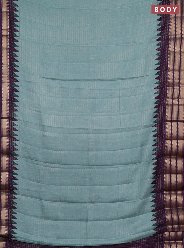 Semi raw silk saree teal green and deep purple with allover zari checked pattern and temple design zari woven border