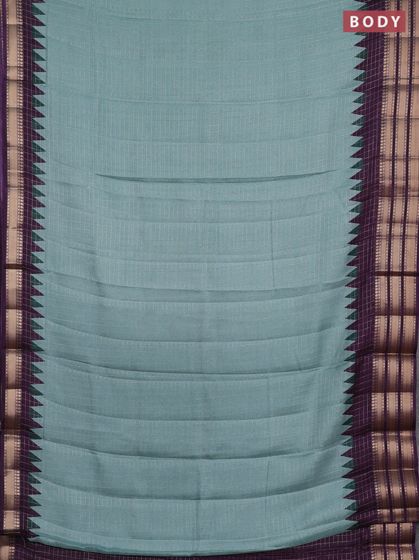 Semi raw silk saree teal green and deep purple with allover zari checked pattern and temple design zari woven border