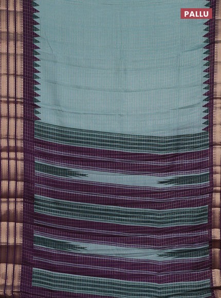 Semi raw silk saree teal green and deep purple with allover zari checked pattern and temple design zari woven border