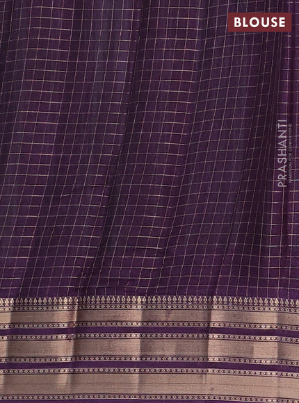 Semi raw silk saree teal green and deep purple with allover zari checked pattern and temple design zari woven border