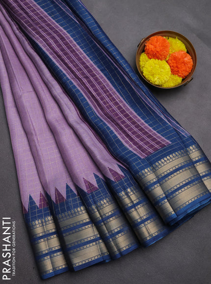 Semi raw silk saree lavender and blue with allover zari checked pattern and temple design zari woven border