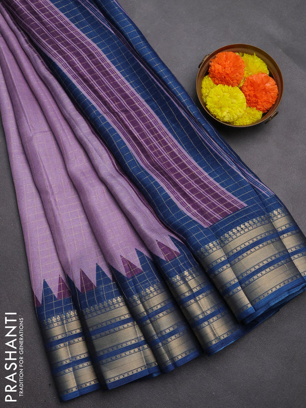 Semi raw silk saree lavender and blue with allover zari checked pattern and temple design zari woven border