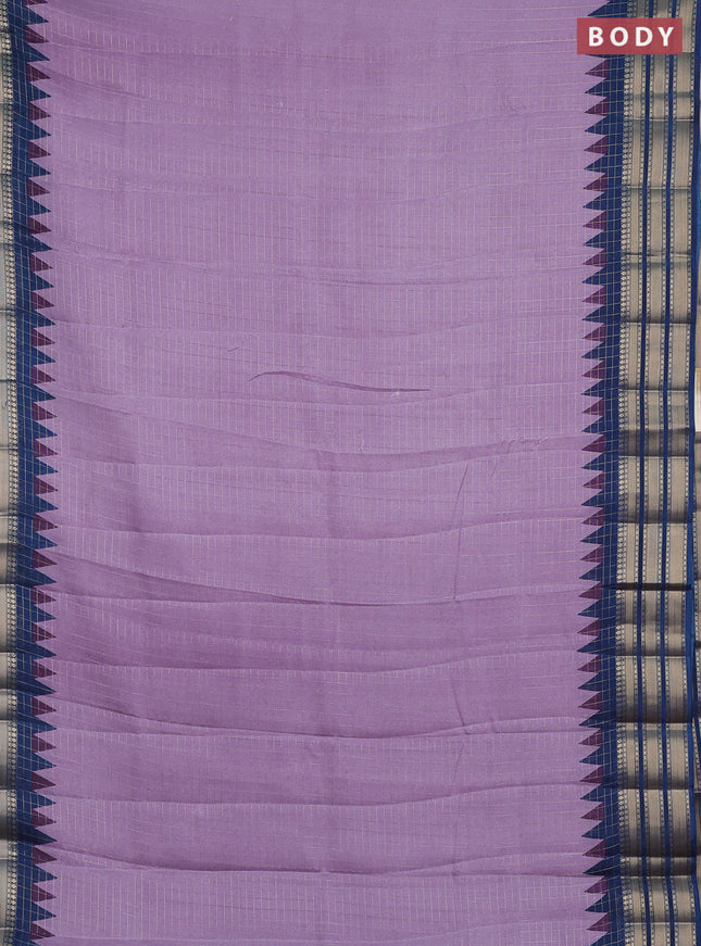 Semi raw silk saree lavender and blue with allover zari checked pattern and temple design zari woven border