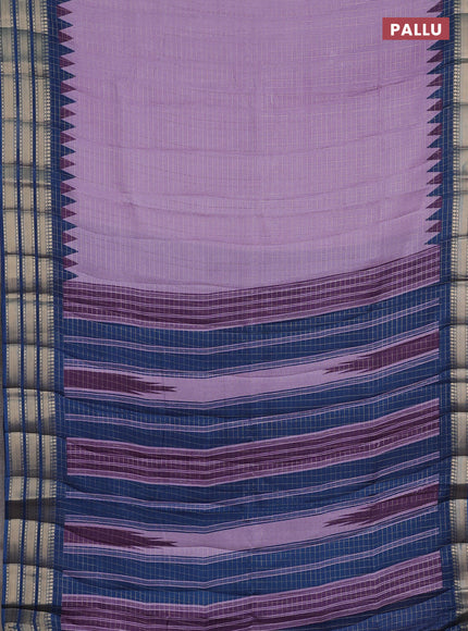 Semi raw silk saree lavender and blue with allover zari checked pattern and temple design zari woven border