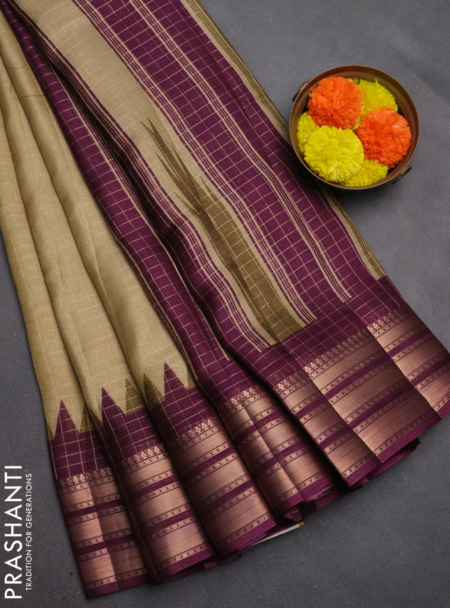 Semi raw silk saree beige and wine shade with allover zari checked pattern and temple design zari woven border
