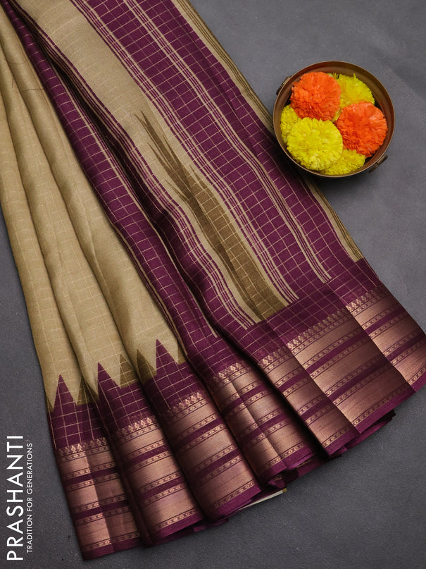 Semi raw silk saree beige and wine shade with allover zari checked pattern and temple design zari woven border