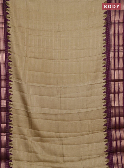Semi raw silk saree beige and wine shade with allover zari checked pattern and temple design zari woven border