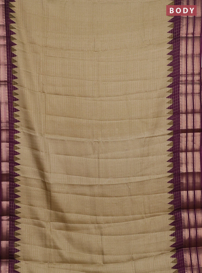 Semi raw silk saree beige and wine shade with allover zari checked pattern and temple design zari woven border