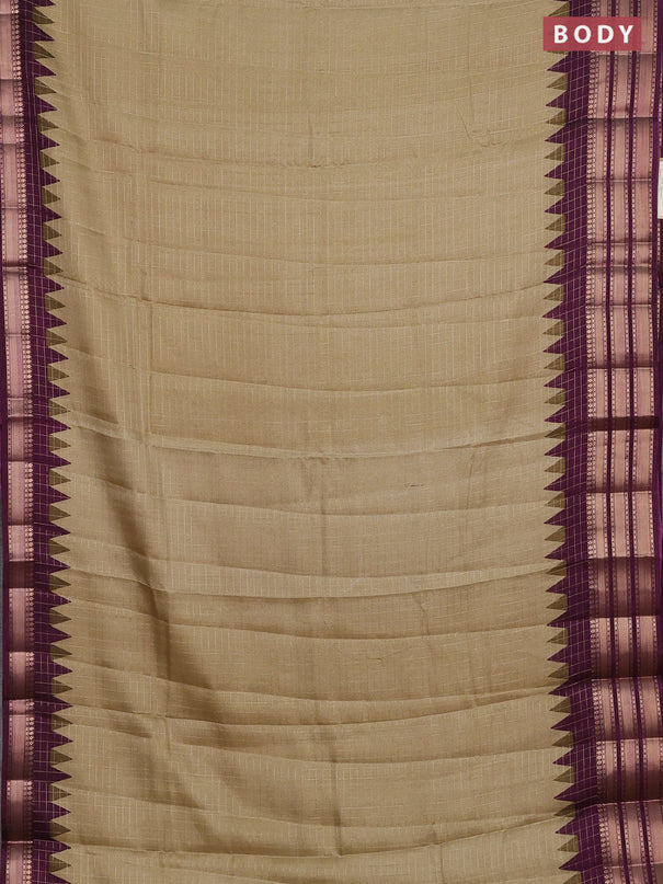 Semi raw silk saree beige and wine shade with allover zari checked pattern and temple design zari woven border