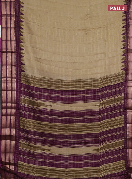 Semi raw silk saree beige and wine shade with allover zari checked pattern and temple design zari woven border