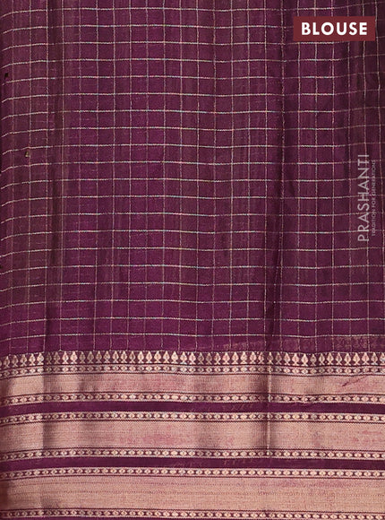 Semi raw silk saree beige and wine shade with allover zari checked pattern and temple design zari woven border