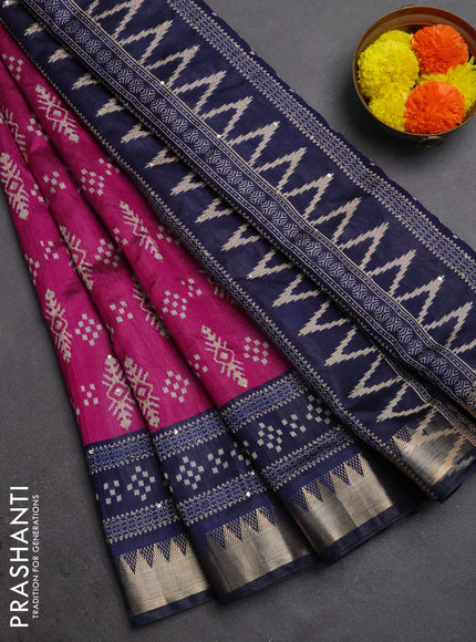 Semi tussar saree magenta pink and navy blue with allover ikat prints & kantha stitch work and zari woven border