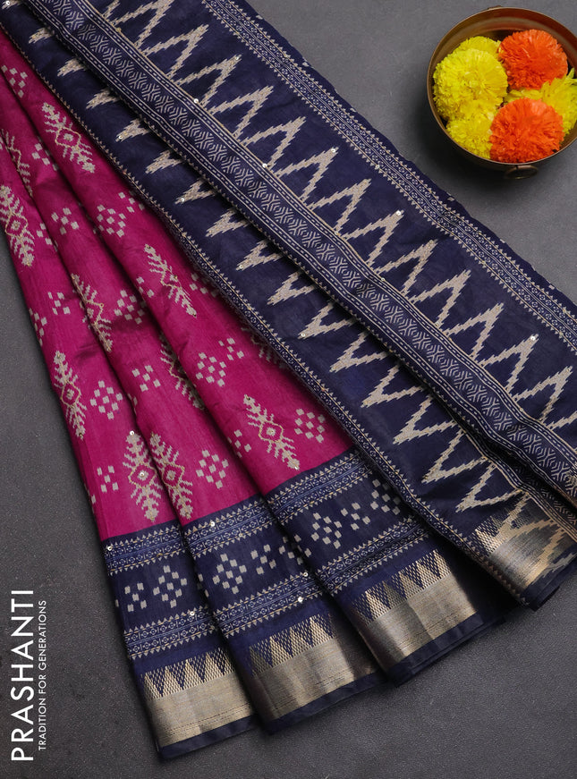 Semi tussar saree magenta pink and navy blue with allover ikat prints & kantha stitch work and zari woven border