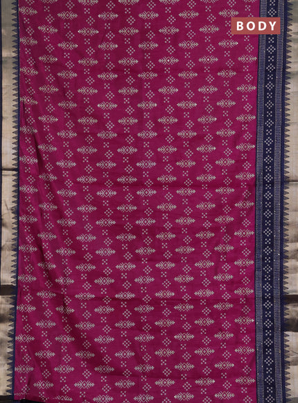Semi tussar saree magenta pink and navy blue with allover ikat prints & kantha stitch work and zari woven border