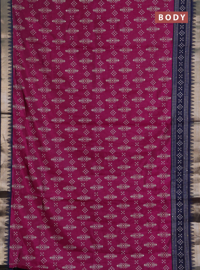 Semi tussar saree magenta pink and navy blue with allover ikat prints & kantha stitch work and zari woven border