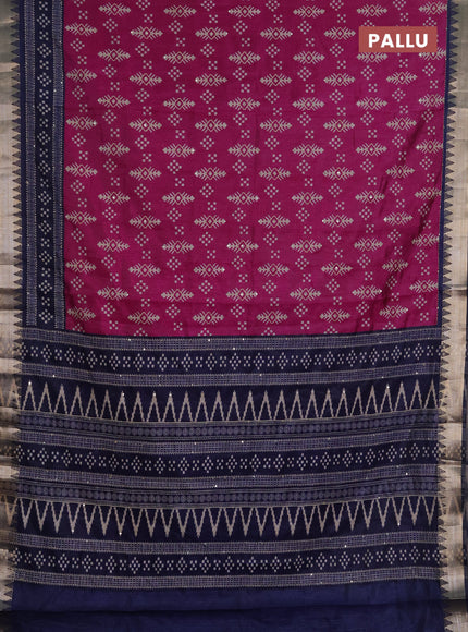 Semi tussar saree magenta pink and navy blue with allover ikat prints & kantha stitch work and zari woven border