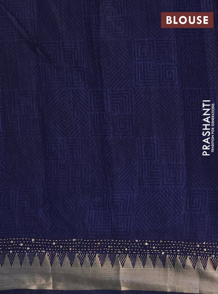 Semi tussar saree magenta pink and navy blue with allover ikat prints & kantha stitch work and zari woven border