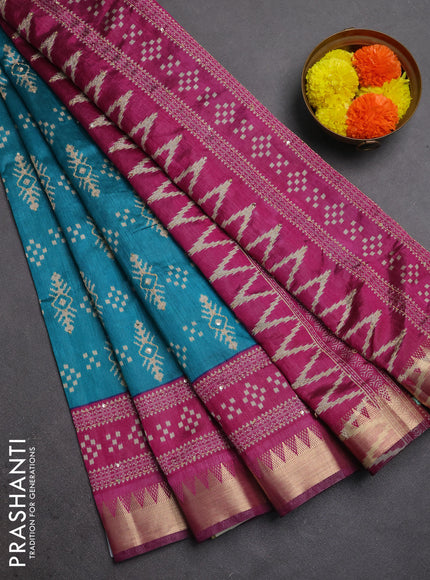 Semi tussar saree teal green and magenta pink with allover ikat prints & kantha stitch work and zari woven border