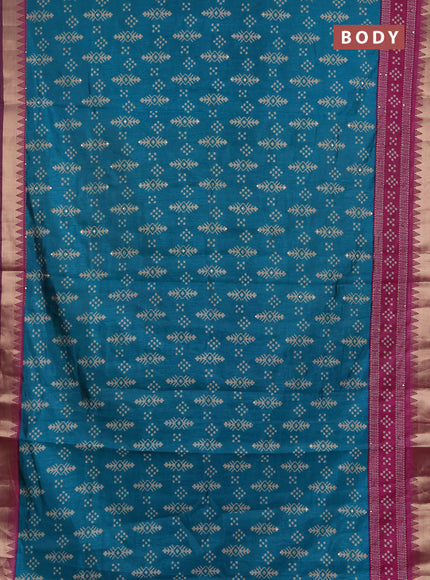 Semi tussar saree teal green and magenta pink with allover ikat prints & kantha stitch work and zari woven border