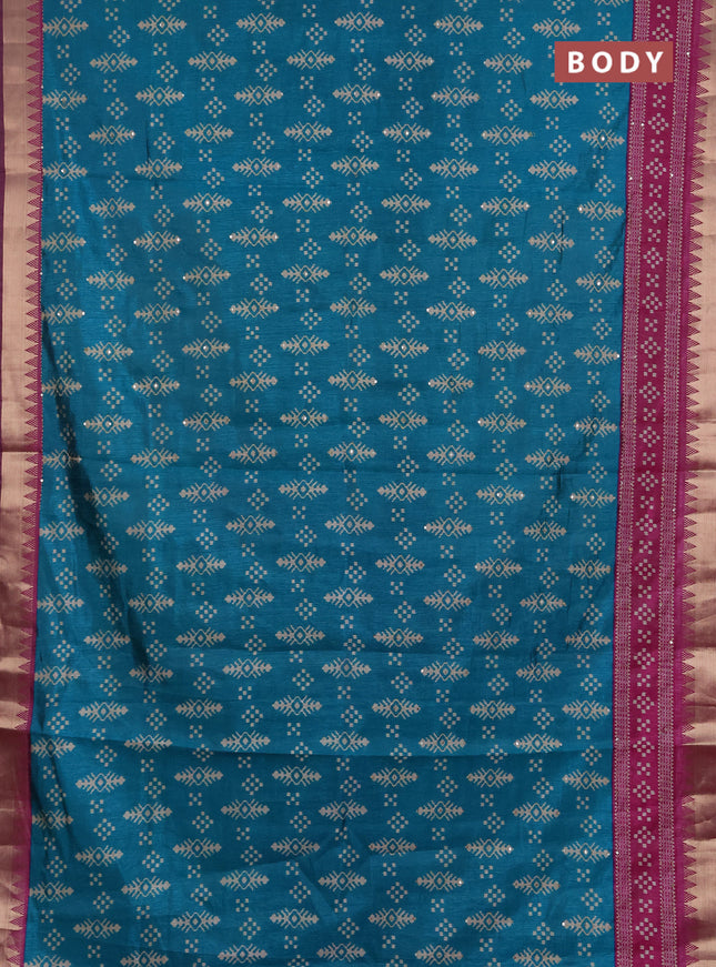 Semi tussar saree teal green and magenta pink with allover ikat prints & kantha stitch work and zari woven border
