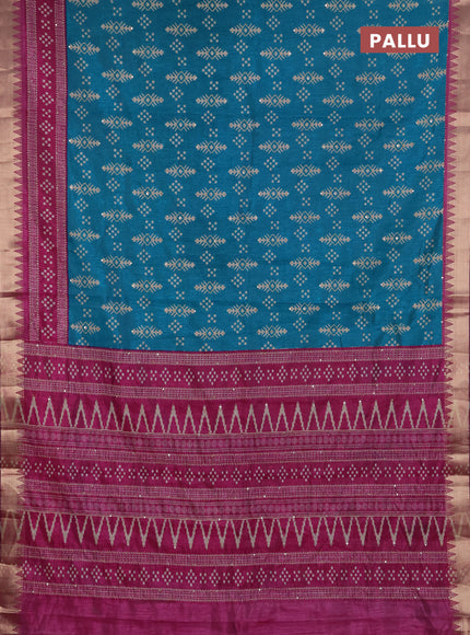 Semi tussar saree teal green and magenta pink with allover ikat prints & kantha stitch work and zari woven border