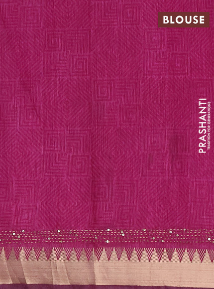 Semi tussar saree teal green and magenta pink with allover ikat prints & kantha stitch work and zari woven border