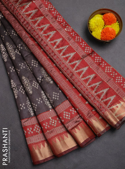 Semi tussar saree greyish brown and maroon with allover ikat prints & kantha stitch work and zari woven border