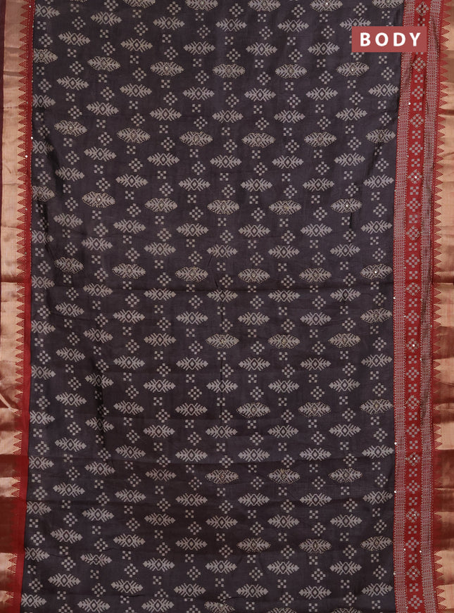 Semi tussar saree greyish brown and maroon with allover ikat prints & kantha stitch work and zari woven border