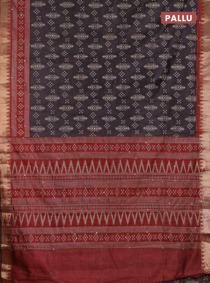 Semi tussar saree greyish brown and maroon with allover ikat prints & kantha stitch work and zari woven border