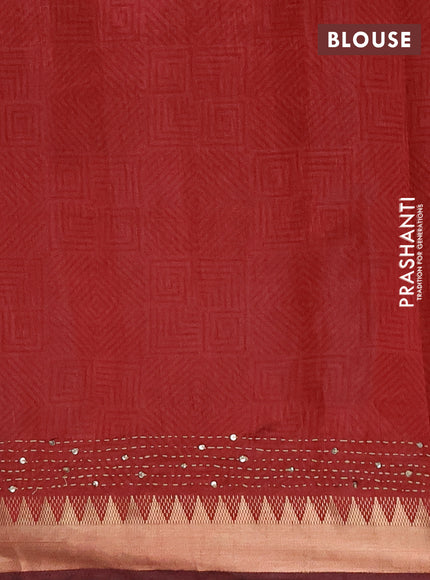 Semi tussar saree greyish brown and maroon with allover ikat prints & kantha stitch work and zari woven border